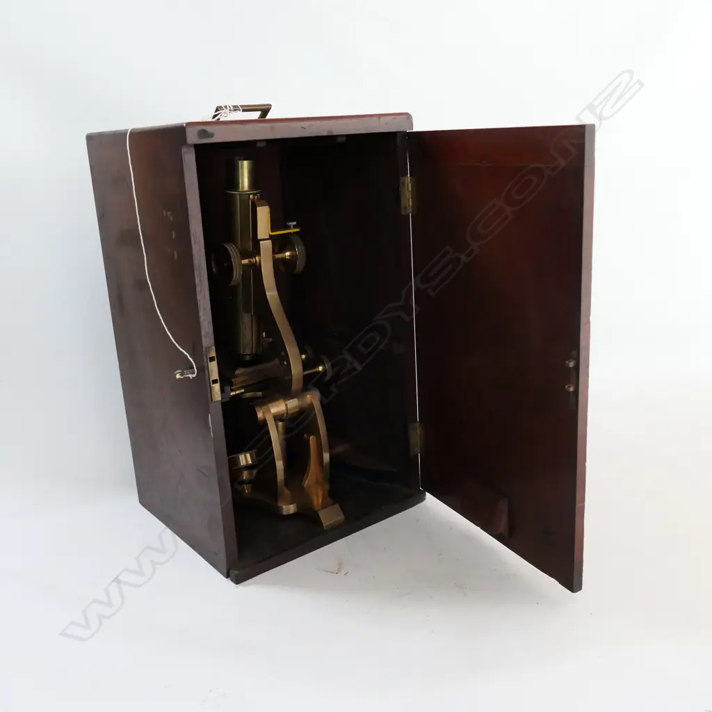 BRASS MICROSCOPE, ENGRAVED: C. JOHNSON, NEWARK 1862. NO LENSES. IN MAHOG BOX Image 1++